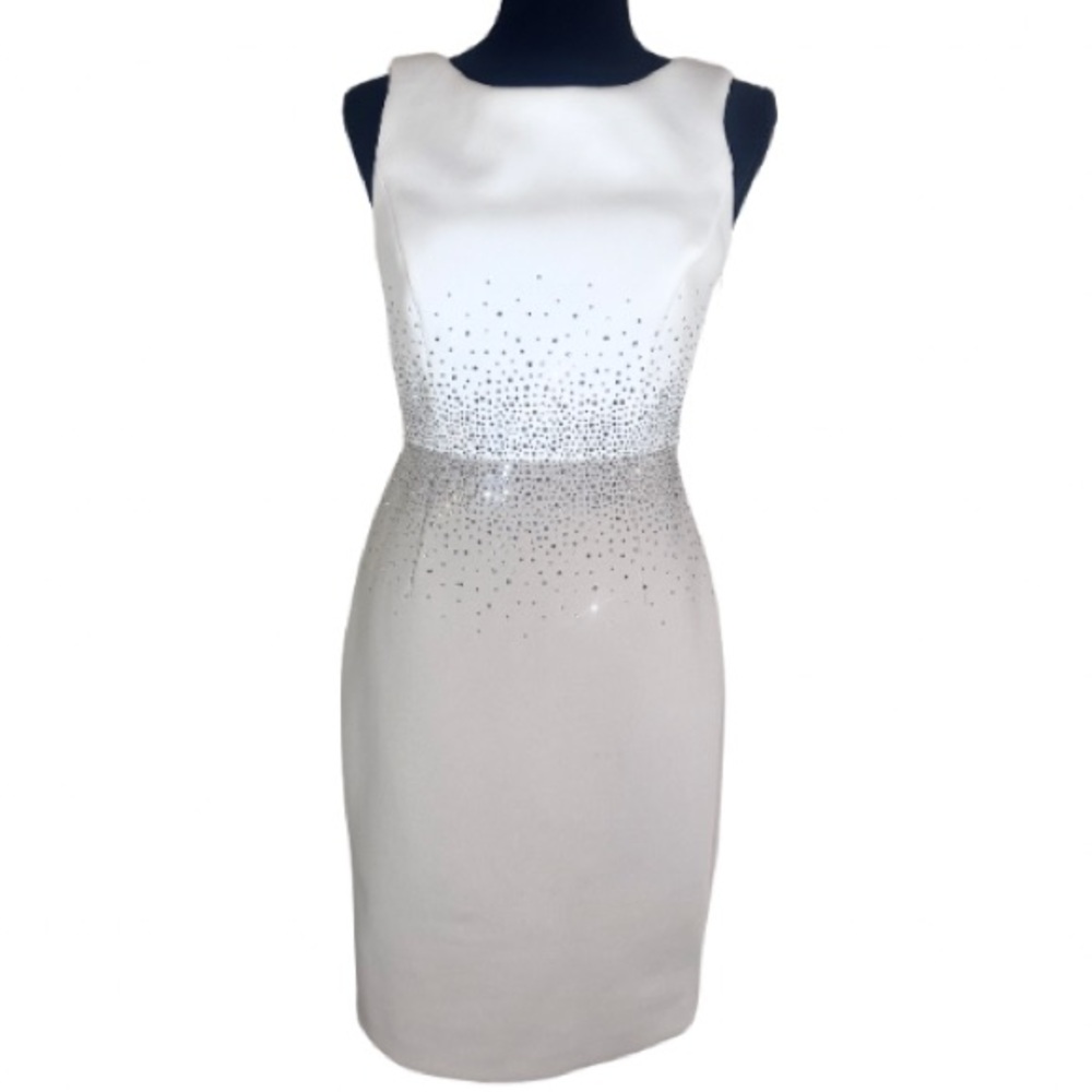 Calvin Klein White and Cream Beaded Sheath Midi Dress